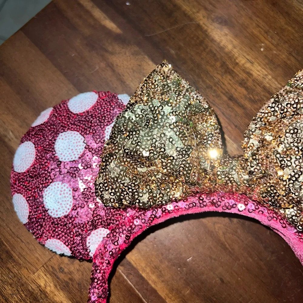 Disney‎ Parks Pink Sequin Minnie Ears with White Poka Dots and Gold Bow Vacation